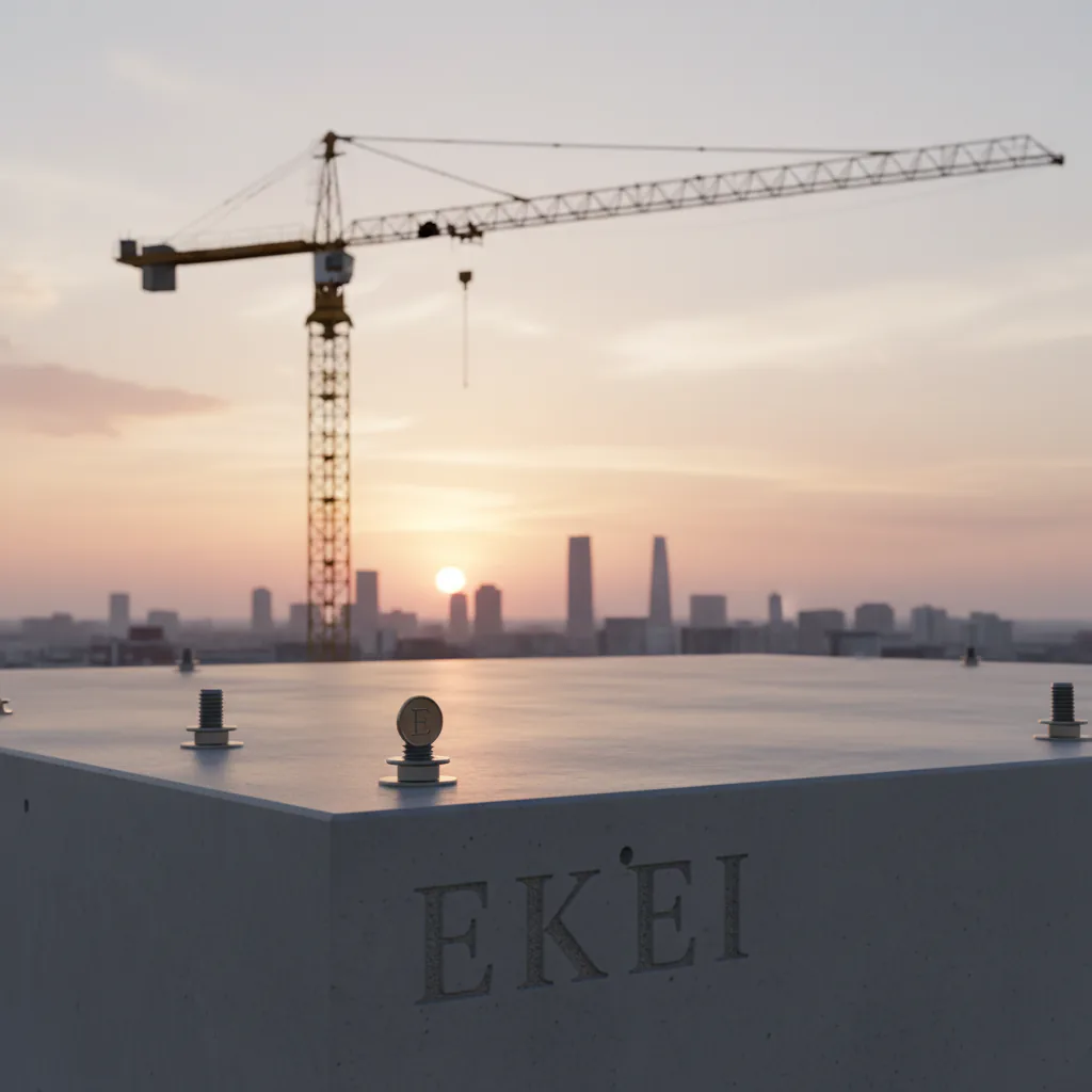 Tower crane above an EKEI concrete element at sunset.