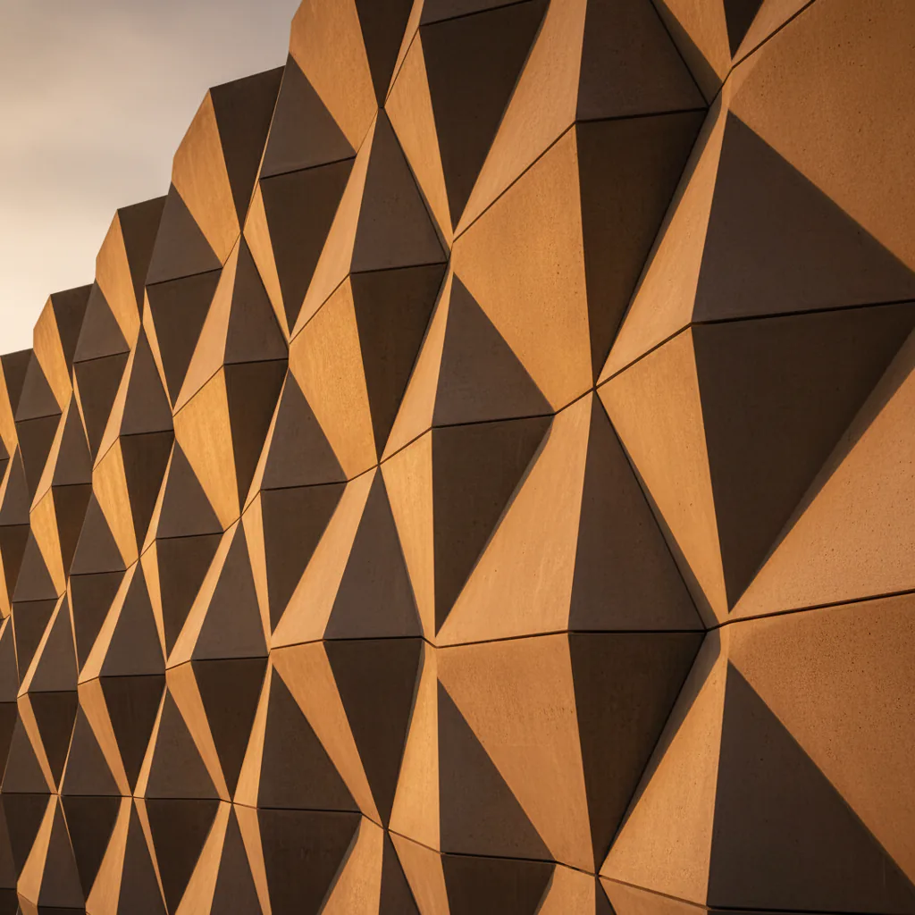 Geometric architectural facade illuminated by warm directional light.
