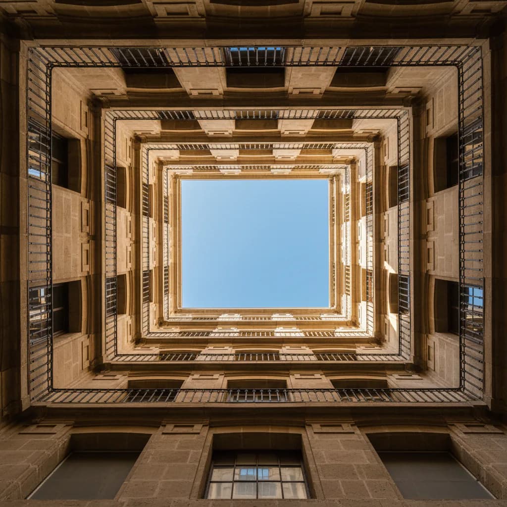 Madrid architectural courtyard opening to the sky.