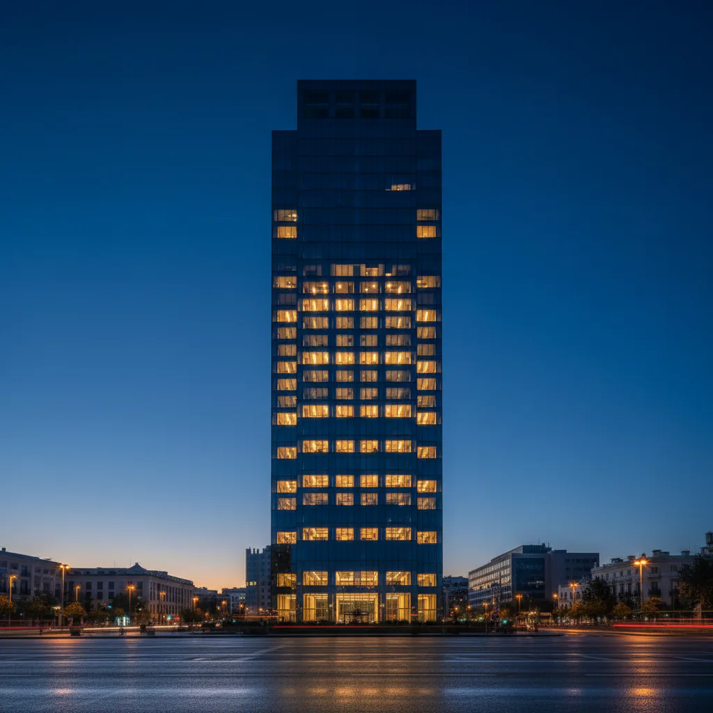 Complete illuminated tower at dusk used for the EKEI investment model section.
